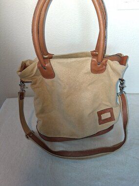 SandQvist Brown Khaki Canvas Leather Laptop Utility Travel Tote Bucket Bag